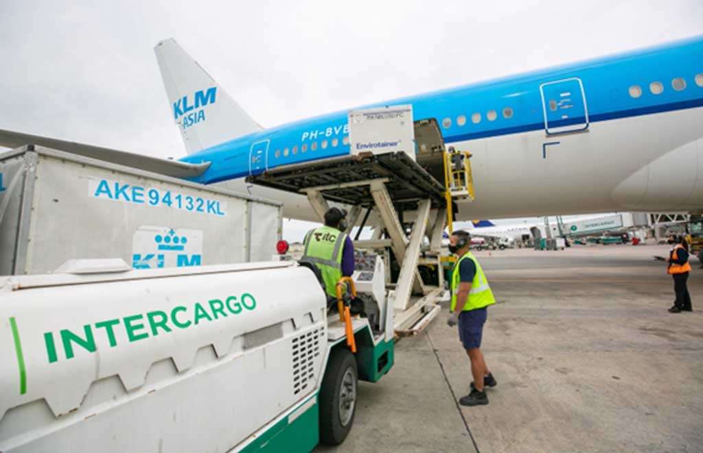 Intercargo en operaciones aeroportuarias, camiones y servicios de carga en un aeropuerto argentino