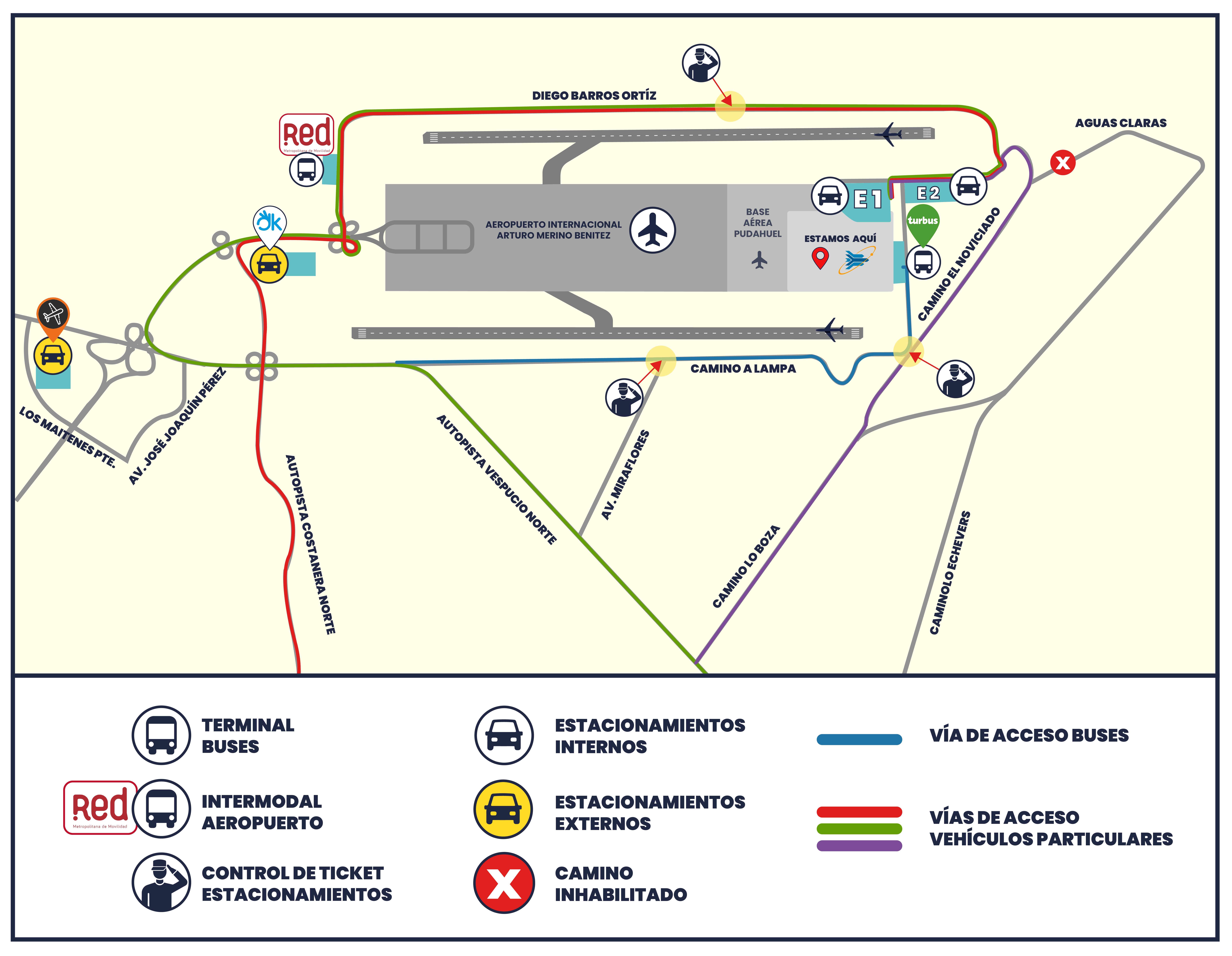 Mapa de estacionamientos y llegadas para FIDAE 2026 en el Aeropuerto de Santiago