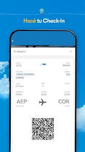 Proceso de check-in online en un dispositivo móvil con fondo de aeropuerto argentino